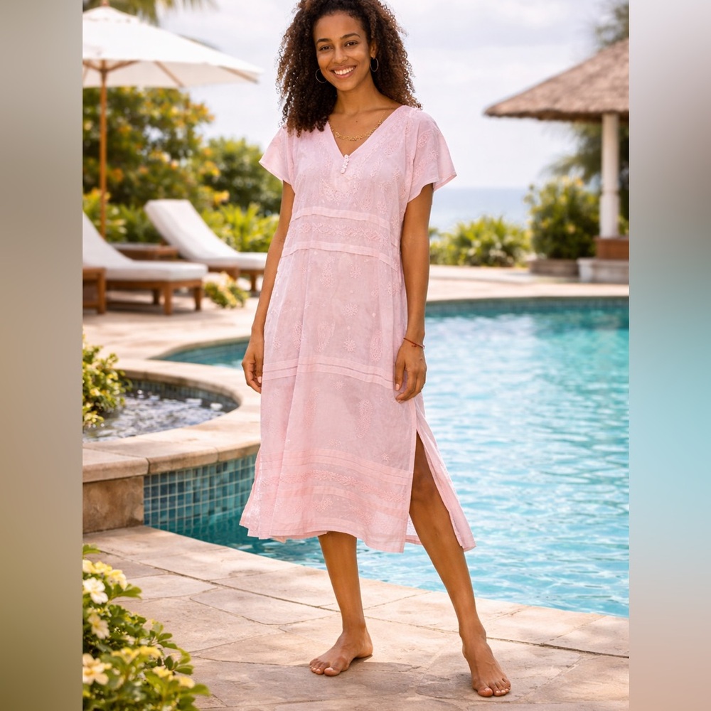 NOVICA, Embroidered Pink Cotton Shift Dress ,India, "Paisley Garden Pink",Size S